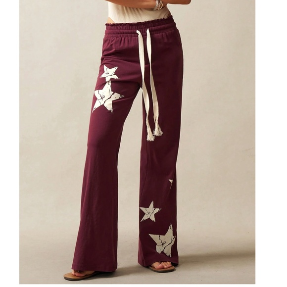 Cozy Burgundy Stretchy Drawstring Waist Star Print Wide leg Pants - Picture 1 of 8